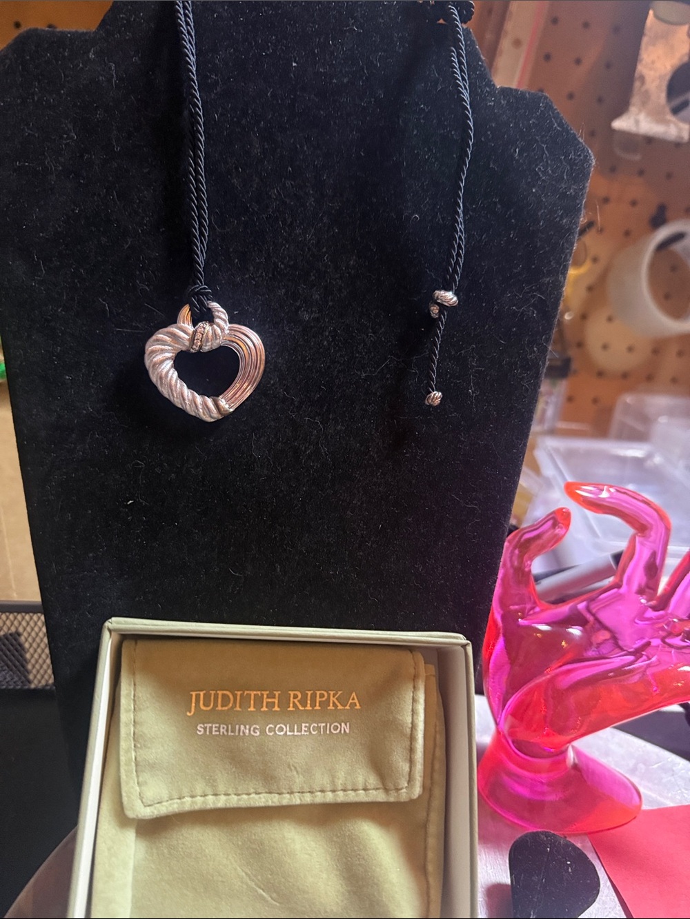 VintageJudith Ripka Twisted Heart Pendant on Black Cord - Silver, CD & 14Kt Gold
